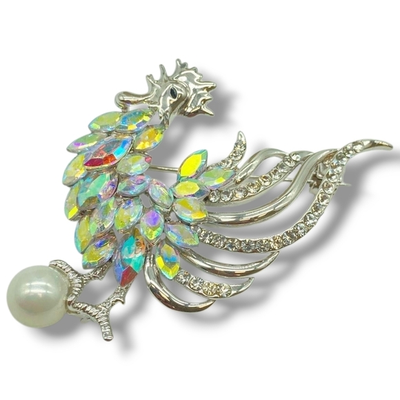 Source Unknown Jewelry - Elegant Silver Rooster Aurora Borealis Rhinestone Crystal Feathers Pearl Brooch